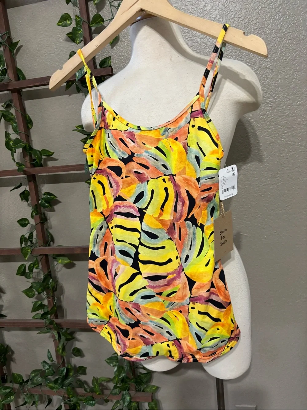 Free People Stone Cold Fox Bobby Surf Suit 1 Pc Swimsuit Yellow Leaf Print